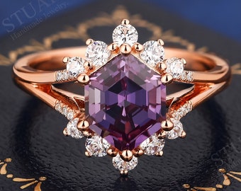 Hexagon London Blue Topaz ring, 14K Rose Gold Split Shank Band, Art Deco Crown Halo Engagement Jewelry, Vintage Diamond Bridal Gift For Her