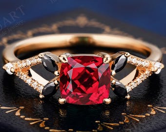 18K solid Gold Cushion cut Ruby ring For Women Wedding Engagement ring proposal Red gemstone Moissanite Promise July birthstone ring