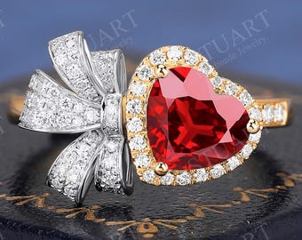 18K Two-tone Gold Bow Tie ring Heart shaped Ruby ring for Women Engagement Ring Handmade Anniversary Gifts For Her Red gemstone Unique ring