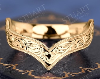 14K Yellow Gold Hand-engraved pattern Twist Band wedding band engagement bridal set for women nature inspired band for her Cruved band