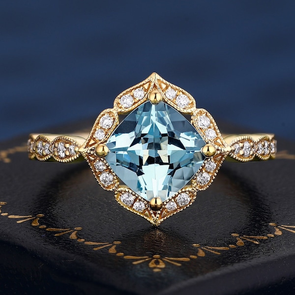Royal Vintage Engagement Band Cushion Cut Natural Aquamarine Bridal Ring For Her Handmade Jewelry Elegant Ring K Solid Gold Ring