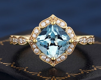 Royal Vintage Engagement Band Cushion Cut Natural Aquamarine Bridal Ring For Her Handmade Jewelry Elegant Ring K Solid Gold Ring