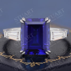 Emerald cut Blue Sapphire 4.2CT 18K yellow Gold ring gemstone handmade bridal ring for women engagement ring anniversary gifts for her