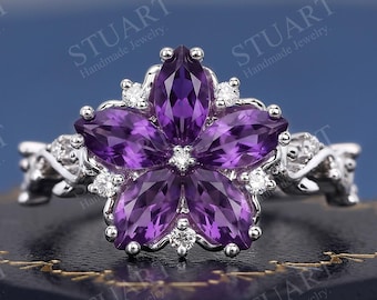 Marquise cut Natural Amethyst Platinum ring Special Luxury Engagement Ring For Women Handmade Anniversary Gifts For Her Ring Flower Ring