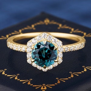 Round Cut Lab Created Teal Blue Sapphire K Solid Gold Ring For Women Engagement Wedding Band Promise Handmade Ring Gold Bridal Gifts