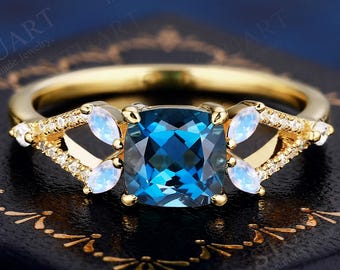 Natural London Blue Topaz Cushion cut Solid Gold ring For Women Engagement ring gemstone Moissanite Promise marquise moonstone ring