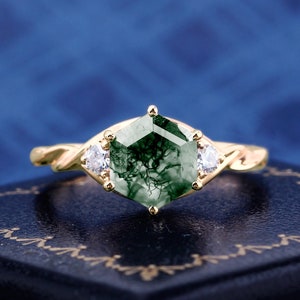 Art Deco Design Hexagon Cut Natural Moss Agate Gold Ring For Women Engagement Ring Wedding Band Handmade Bridal Ring Gifts For Her
