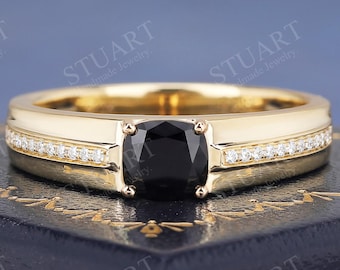 Cushion cut Natural Black Onyx ring 18K yellow Gold engagement ring for women Moissanite proposal Luxury Handmade Gold ring Art Deco ring