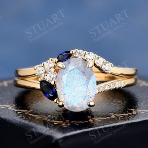 Engagement Wedding Band Oval Cut Natural Labradorite K Solid Gold Ring Set Handmade Bridal Set Art Deco Ring Set Gifts For Her