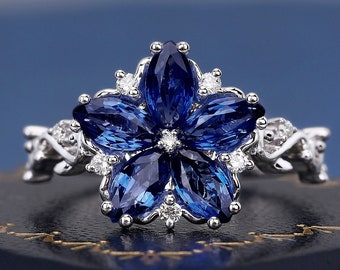 Anello in platino con zaffiro azzurro taglio marquise Anello di fidanzamento di lusso speciale per le donne Regali di anniversario fatti a mano per il suo anello Anello floreale