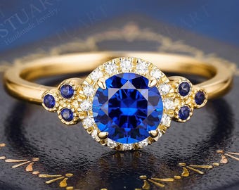 18K solid Gold Natural Diamond ring Round cut Lab Created Sapphire unique Design Blue Gemstone  September birthstone ring for her