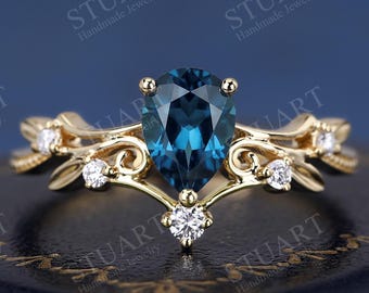 Teardrop cut Natural London Blue Topaz 18K Yellow Gold ring For Women Engagement Wedding band Handmade Gold Royal Vintage Ring Gifts For Her