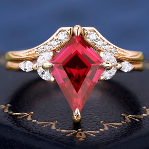 Kite Shape Lab Created Ruby Ring Set 925 Silver Gemstone Ring Set For Women Engagement Ring Wedding Band Handmade Anniversary Gifts