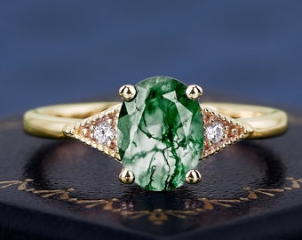 Oval Cut Natural Moss Agate Three Stone Ring For Women Engagement S925 Ring Wedding Band Promise Ring Handmade Birthstone Prong Ring
