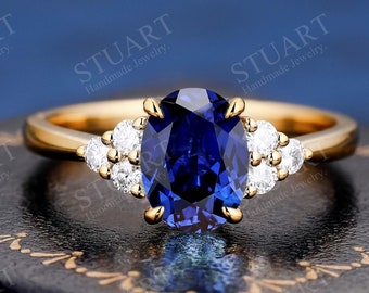 Anello in oro giallo 18 carati con zaffiro taglio ovale per donna, anello di fidanzamento di lusso fatto a mano, regali per l'anniversario di matrimonio, anello a grappolo
