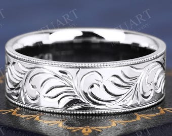 18K white gold Hand-engraved pattern Band 7.0mm wedding band engagement bridal set for women nature inspired band for her