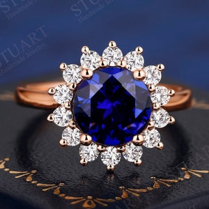 Bridal Royal Vintage Ring K Solid Gold Round Cut Sapphire Ring For Women Engagement Band Wedding Ring Lab Created Sapphire Handmade