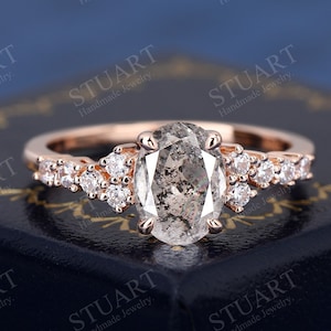 Natural Salt Pepper Herkimer Diamond Ring 18K Rose Gold Engagement Ring Rare Gemstone Grey Diamond Crystal Ring Gifts For Her