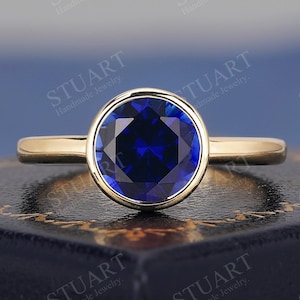 Round Cut Blue Sapphire Ring Vintage K Solid Gold Minimalist Ring For Women Wedding Engagement Band Handmade Solitaire Promise Ring