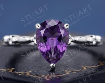 18K white Gold Pear cut Natural Amethyst ring Solitaire Engagement Ring with Luxury Handmade Design for Women Wedding Band Purple Gemstone