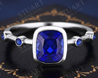 1.5CT Cushion cut Sapphire ring For Women Wedding Engagement ring Promise Handmade Gold Promise Blue gemstone ring Dainty Gifts For Her