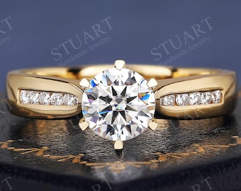 14K Yellow Gold D Color White Moissanite Engagement ring, 6 Prong Round Solitaire Band, Channel Set Cathedral Bridal Jewelry