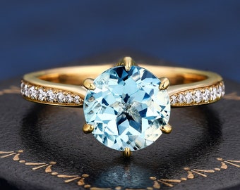 Art Deco Ring Round Cut Natural Aquamarine Solitaire K Solid Gold Ring For Her Engagement Wedding Ring Anniversary Gifts