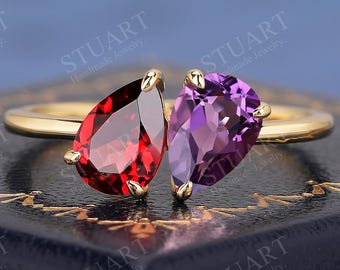 18K Solid Gold Toi et Moi ring Natural Garnet & Amethyst Teardrop ring Engagement ring gifts for her Anniversary Handmade Birthstone Ring