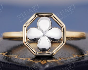 Customisable Centre Pattern Clover Sterling Silver Ring Two Tone Ring Anniversary Gifts For Women Unique Ring For Her Lucky Ring