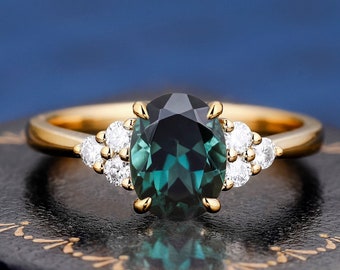 Naturale verde blu zaffiro taglio ovale pietra preziosa K anello in oro massiccio per le donne anello di fidanzamento fatto a mano di lusso regali di anniversario nuziale per lei
