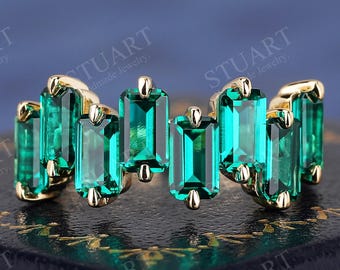 Emerald Cut Lab Created Emerald Ring Solid Gold Ring For Women Wedding Engagement Band Gemstone Unique Handmade Gold Ring