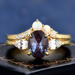 Luxus Geschenke Rose Oval Cut Alexandrit K Solid Gold Ring Set für Frauen, Verlobung, Band, Ehering, handgemachtes Versprechen Goldring Set