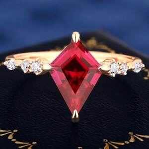 K Solid Gold Kite Shape Lab Created Ruby Ring For Women Wedding Engagement Band Gemstone Ring Handmade Prong Ring Gifts For Her