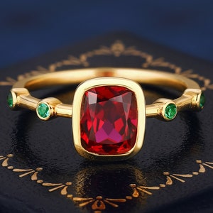 1.5CT Cushion Cut Red Lab Created Ruby Ring For Women Wedding Engagement Band Promise Handmade Gold Promise Ring Gifts For Her