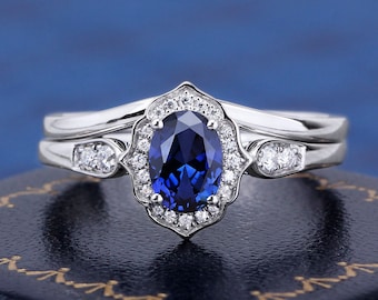 Engagement Wedding Ring S925 Oval Cut Lab Created Sapphire Ring Set For Women Bridal Set Anniversary Ring Gifts For Her Ring Blue Gemstone