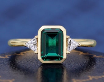 Elegante drie stenen ring verloving ring emerald cut lab gemaakt emerald k massief gouden ring voor vrouwen beloven ring verjaardag geschenken voor haar