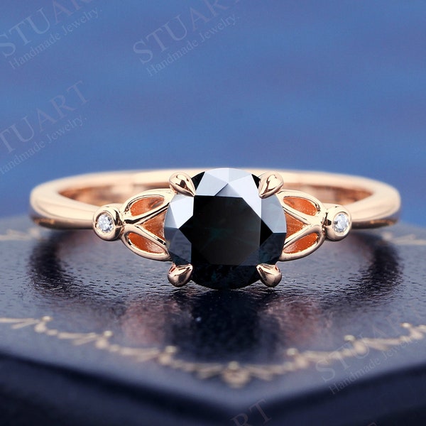 K Solid Gold Round Cut Black Moissanite Ring Engagement Wedding Band Handmade Gold Gemstone Jewelry Gift For Her Silver