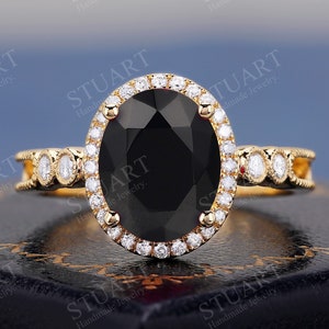 Anillo de oro macizo K de ónix negro natural de corte ovalado de 3,2 quilates para ella Anillo de compromiso Proponer anillo hecho a mano con piedras preciosas naturales para ella