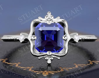 Radiant cut Sapphire 18K white Gold Engagement ring bridal ring for her handmade elegant blue gemstone Natural Diamond ring Anniversary