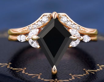 Kite Shape Natural Black Onyx Ring Set 925 Silver Gemstone Ring Set For Women Engagement Ring Wedding Band Handmade Anniversary Gifts