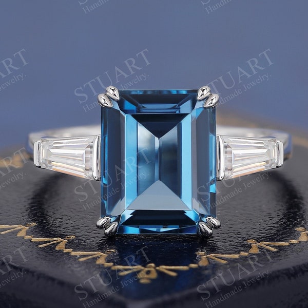 4.2CT Natural London Blue Topaz 18K Yellow Gold Ring Emerald Cut Gemstone Handmade Bridal Ring For Women Engagement Ring Anniversary Gifts