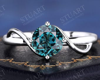 18K white gold Lab created Blue Green Sapphire ring for women cluster ring Round wedding engagement ring handmade Moissanite ring