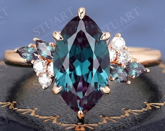 Marquise cut Alexandrite 14K Rose Gold ring Cluster moissanite Engagement Band Art Deco Color-change gemstone Unique Anniversary Jewelry