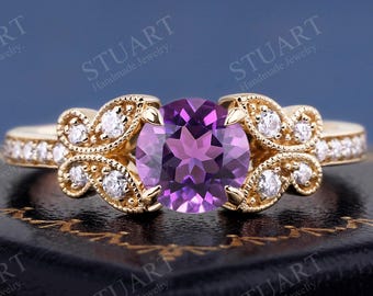 Natural Amethyst ring K solid Gold Ring Vintage Ring For Women Engagement Ring Wedding Band Anniversary Bridal Handmade Ring