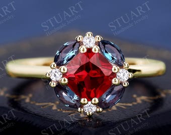 Solid Gold Cushion cut Alexandrite ring Proposal Halo ring anniversary gifts for women wedding engagement ring Handmade ring for her
