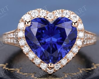 Solid Gold Heart cut blue Sapphire Engagement Ring, Vintage Halo moissanite Wedding Band, Pave Statement Ring, Gift for Her