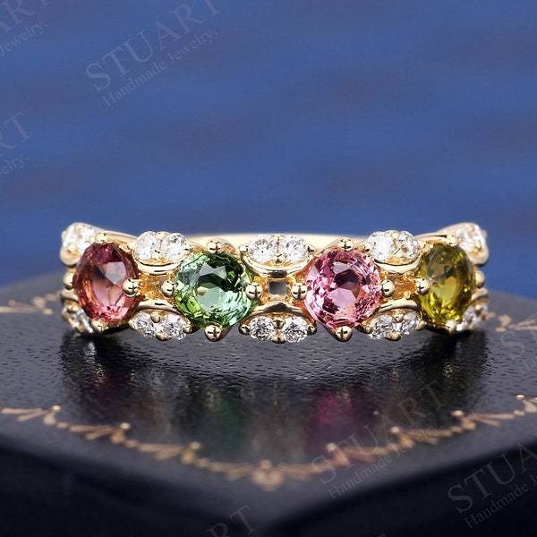 K Solid Gold Ring Round Cut Natural Tourmaline Diamond Ring Wedding Engagement Band Promise Handmade Gifts For Women