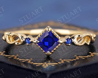 18K yellow gold Princess cut Sapphire ring for women handmade moissanite engagement ring Blue Gemstone Anniversary gifts for her