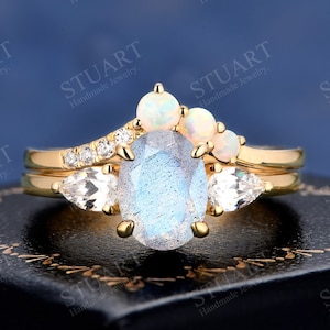 Luxury Gifts Oval Cut Natural Labradorite K Solid Gold Ring Set For Her Engagement Ring Stackable Ring Set Handmade Wedding Band