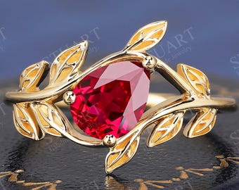 18K yellow gold ring Pear cut Ruby ring solitaire engagement ring handmade Red gemstone Nature inspired leaf ring for women